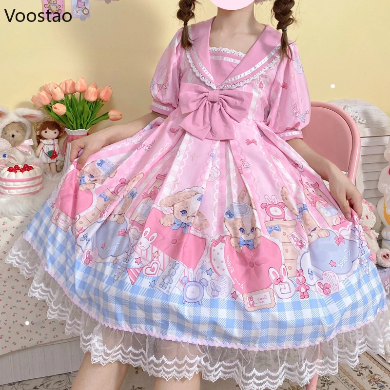 Japanese Kawaii Lolita Princess Dress Girls Sweet Rabbit Ears Sailor Collar Good Night Bunny Party Dresses Women Kawaii Vestidos