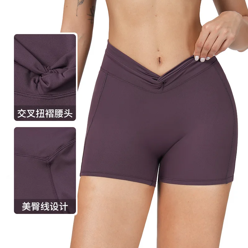 شورت يوجا عاري أسود فاخر 22% من ألياف لدنة، شورت عالي الخصر بطيات متقاطعة، شورت رياضي خارجي، شورت للجري واللياقة البدنية 4514 #2