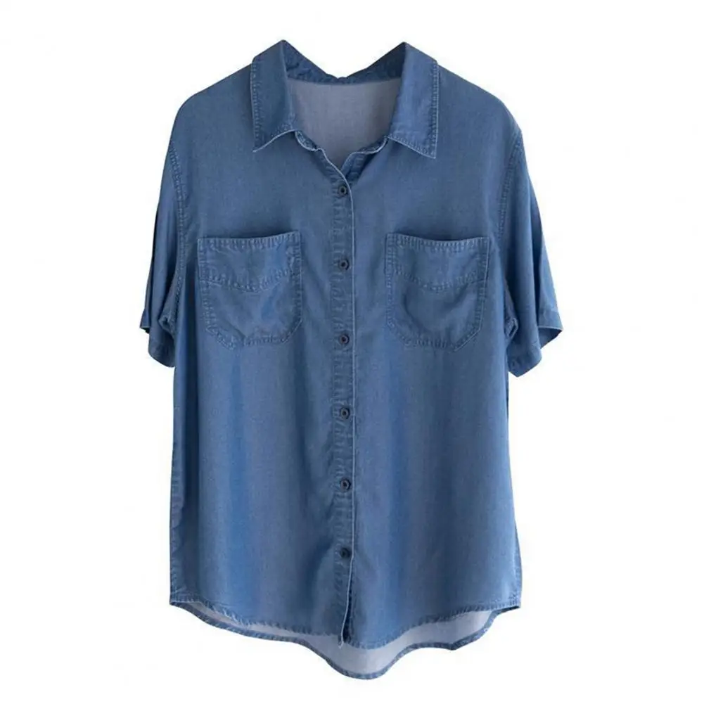 Camicia di jeans da donna con risvolto tasche a maniche corte camicia top retrò monopetto vestibilità ampia camicia drappeggiata tinta unita