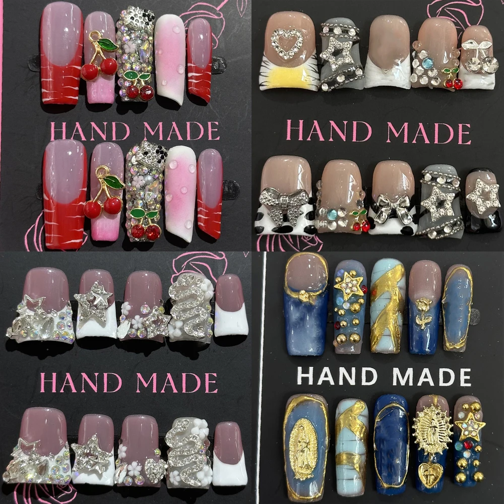 

Spice Girl Short Duckbill French Handmade Press On Nails 3D Hellokitty Diamond Flower Butterfly Bowknot Detachable Fake Nails