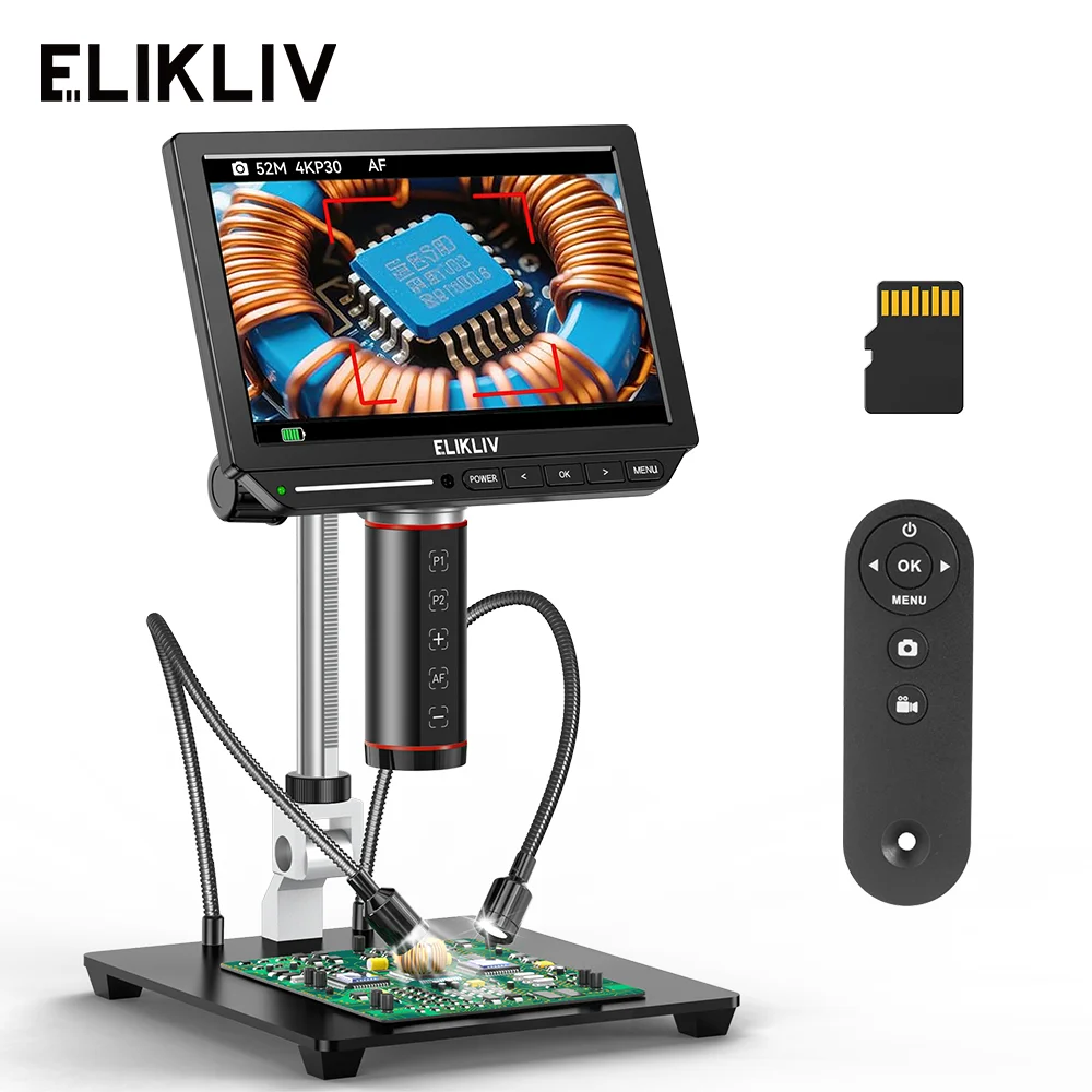 Elikliv Autofokus 4K Digitalmikroskop EM4K-AF 8" Elektronikmikroskop HDMI Löt-Mikroskop 2000X für PCB-Inspektion und -Reparatur mit 10" Ständer und verstellbaren LED-Leuchten