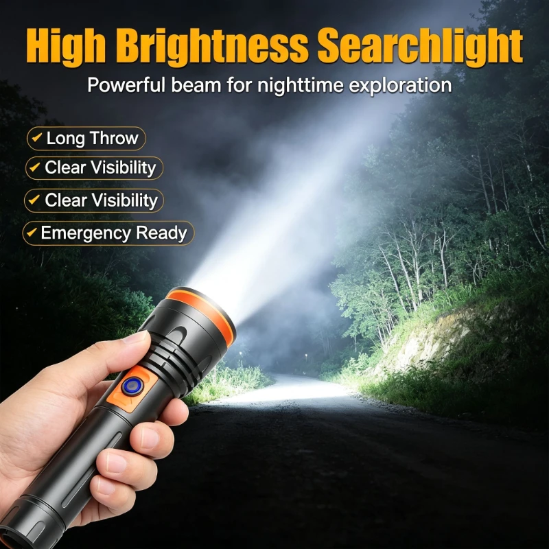 Flashlight Type-C Port, LED Telescopic Zoom, 3 Modes (High/Low/Strobe), Waterproof Alloy Body for Camping Outdoor