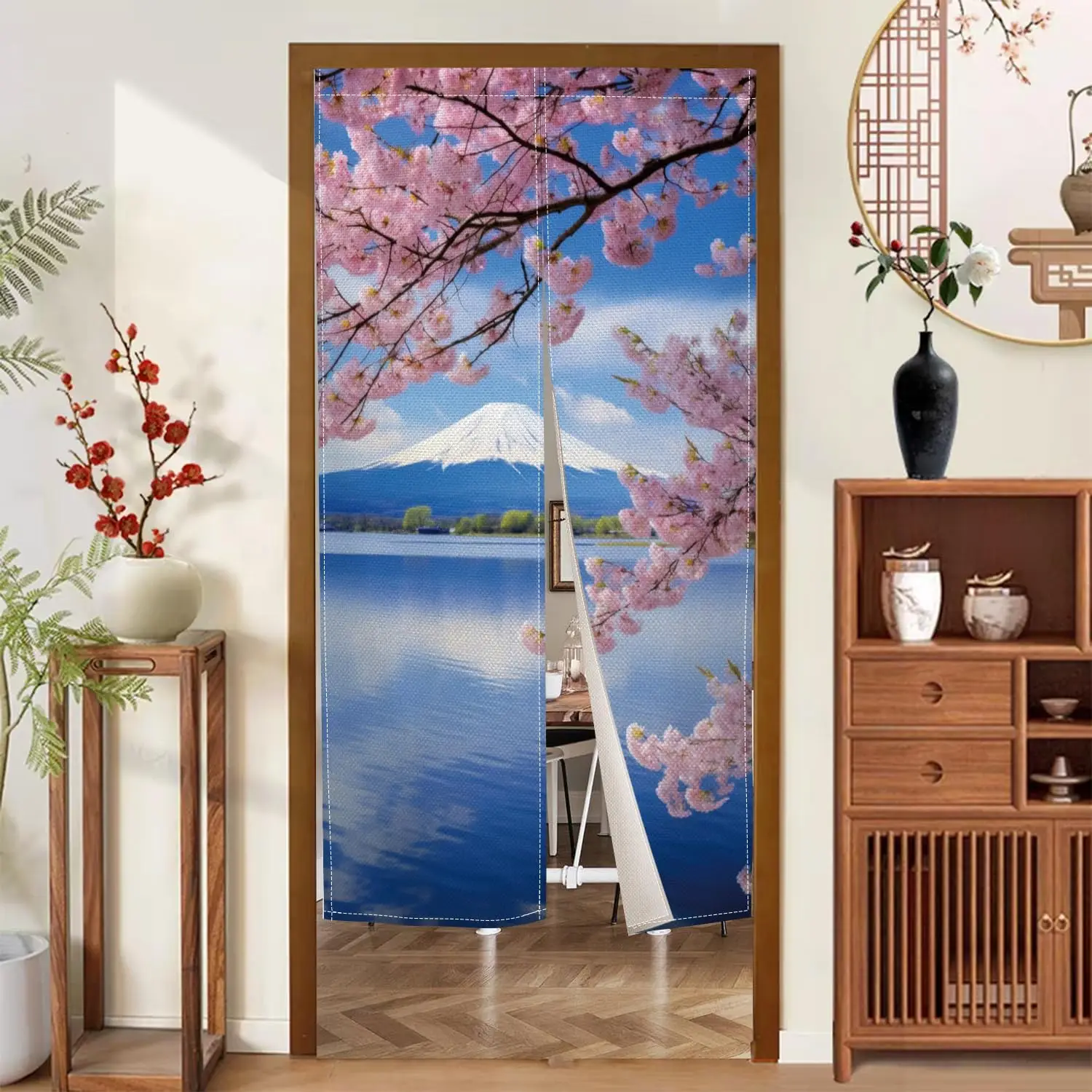 Japanischer Noren-Vorhang mit Kirschblüten und Mount Fuji-Landschaft, blauer Himmel, Türvorhang für Zuhause, Küche, Schlafzimmer, Trennwand, Dekoration
