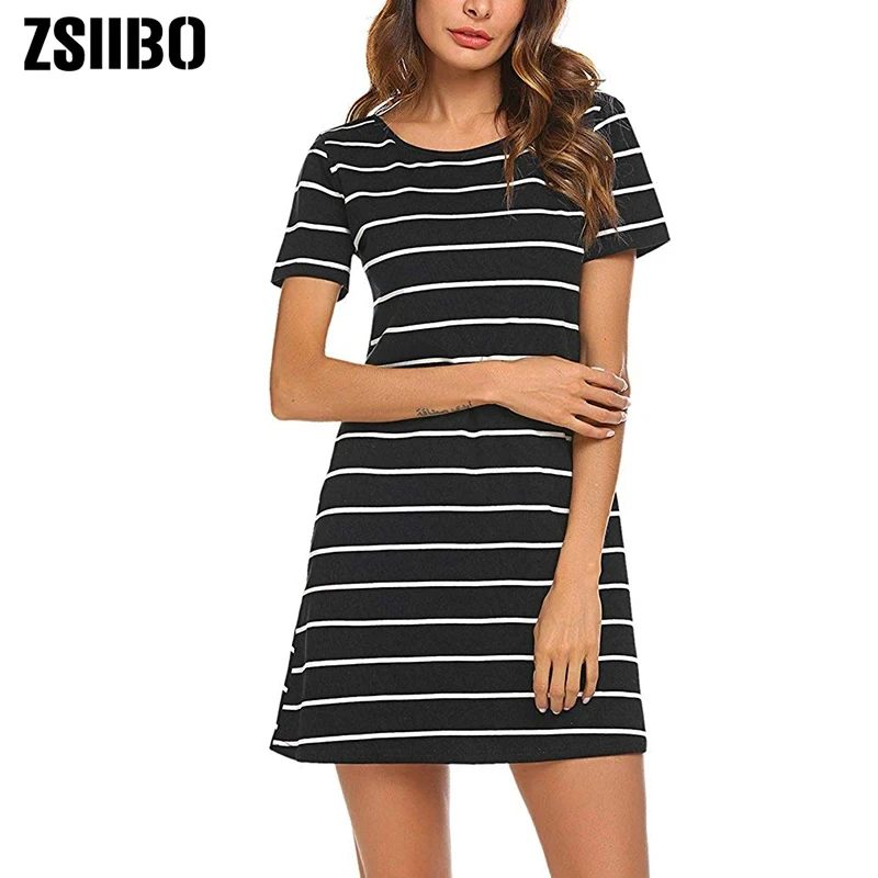 

Summer short sleeved women's fashionable new dress with striped round neck sexy backless cross casual slim fit dress