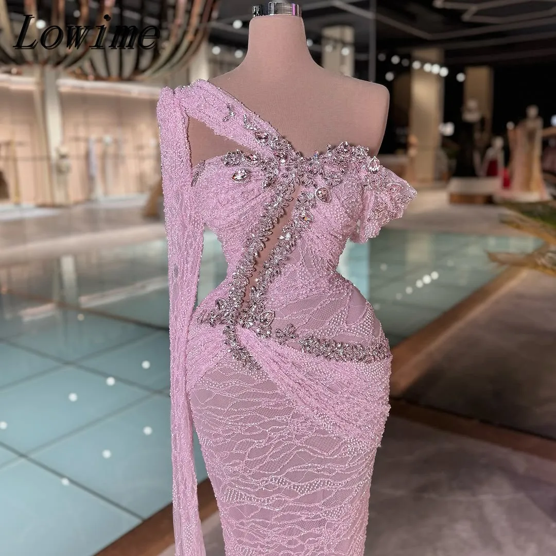 

Pink Lace Mermaid Floor Length Mermaid Party Dresses Women Long Sleeve Formal Occasion Party Festival Celebration Prom Gowns