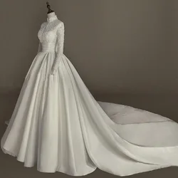 Vestido De Novia De cola exquisito y pesado con cuello levantado, Vestidos Vintage De Novia personalizados, vestido De baile De Novia ajustado De manga larga