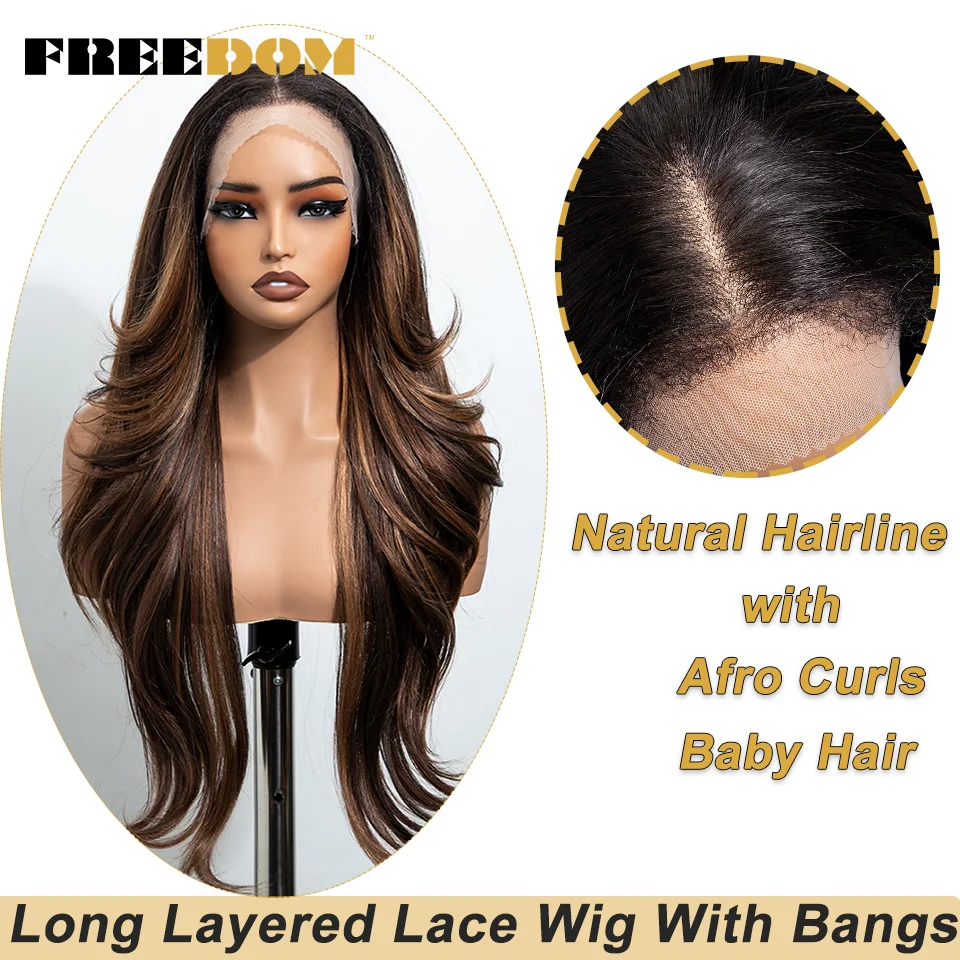 FREEDOM Synthetische Lace-Front-Perücken für schwarze Frauen, 28 Zoll, 13x4, vorgezupft, geschichtet, Ombre Braun Blond Highlight, Perücken für den täglichen Gebrauch – Detail 4