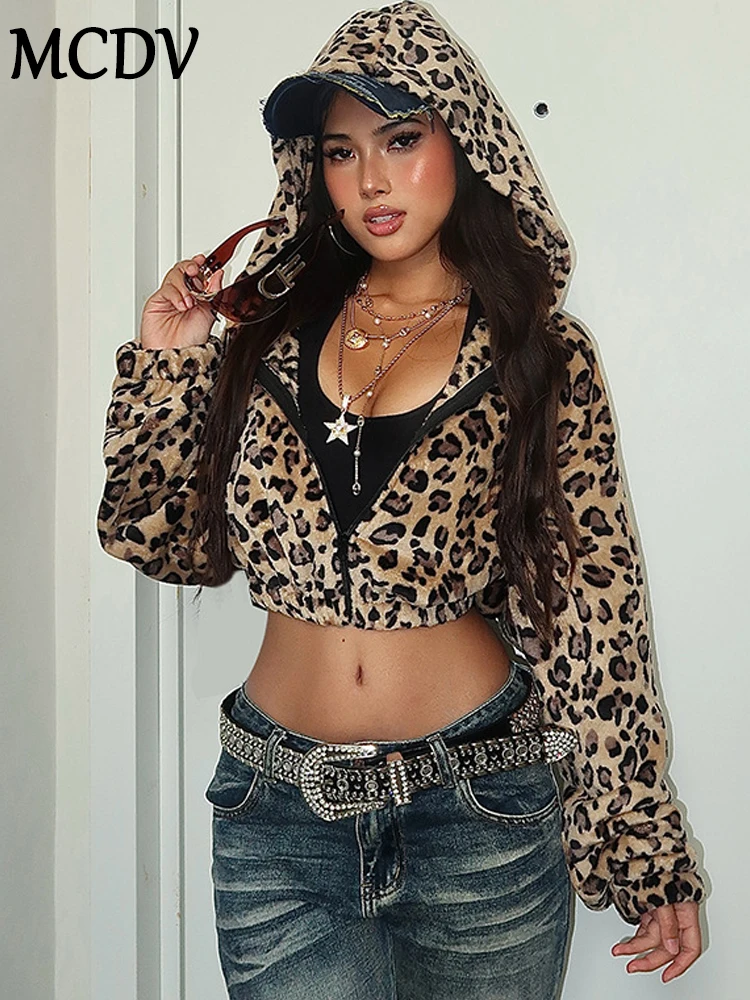 MCDV Lamb Wool Leopard Print Hooded Cropper Jacket For Women 2024 Autumn Winter Long Sleeve Zipper Hoodie Warm Short Coats