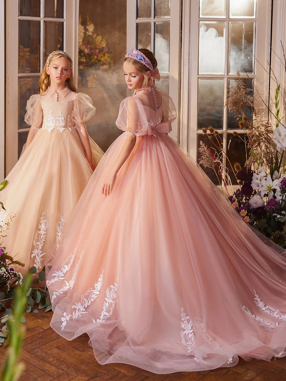 Mvozein – robe de princesse rose bouffante à fleurs pour fille, tenue de concours pour enfants, tenue formelle de mariage avec perles de dentelle