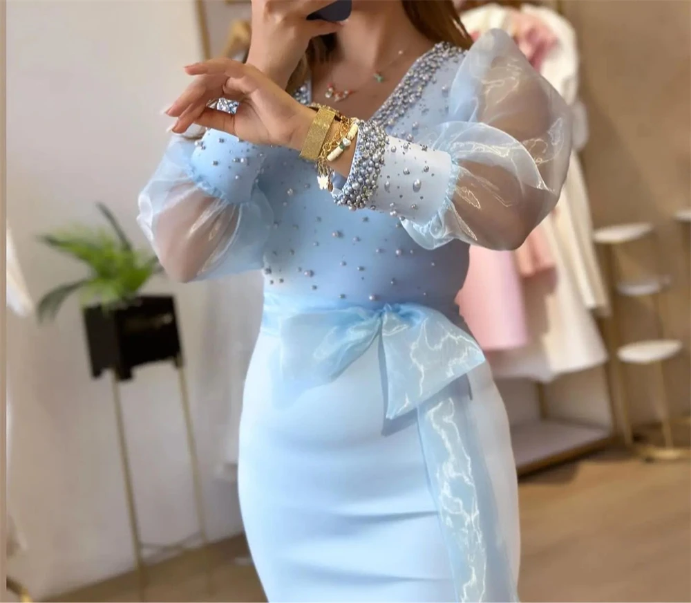 Customized Exquisite V-neck Sheath Celebrity Party Flowers Sequin Bows S Prom vestido de festas longo casamento فساتين نسائيه سه