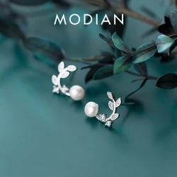 Modian Olive Tree Leaves Stud Earring for Women Fashion 925 Sterling Silver Elegant Pearl Ear Pin Fine Jewelry Accessories