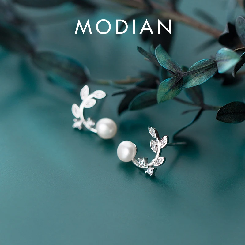 Modian Olive Tree Leaves Kolczyk sztyft dla kobiet Moda 925 Sterling Silver Elegancka perłowa szpilka do uszu Drobna biżuteria Akcesoria