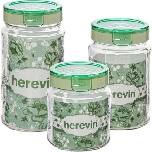 Herevin Three Sizes Clip Fresh Cover Green Jar Set