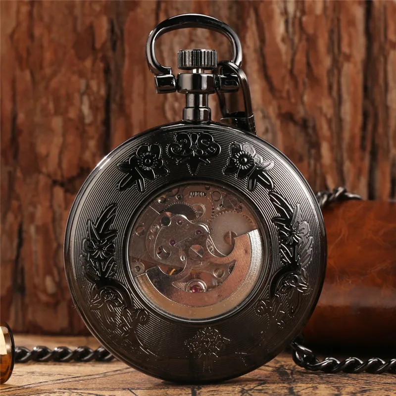 Steampunk Skeleton Clock Men's Retro Automatic Mechanical Pocket Watch with Fob Chain Roman Numeral Timepiece Reloj De Bolsillo