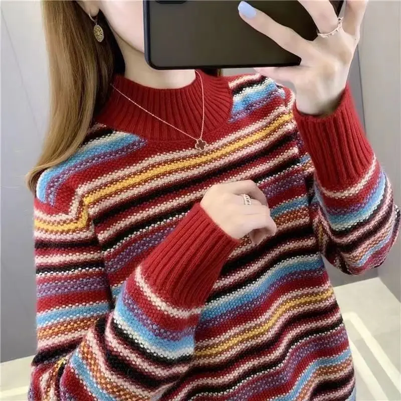 Autumn and Winter Women's Stripe Contrast Color Half High Korean Long Sleeve Loose Sweaters Jumpers Cotton Fashion Casual Tops