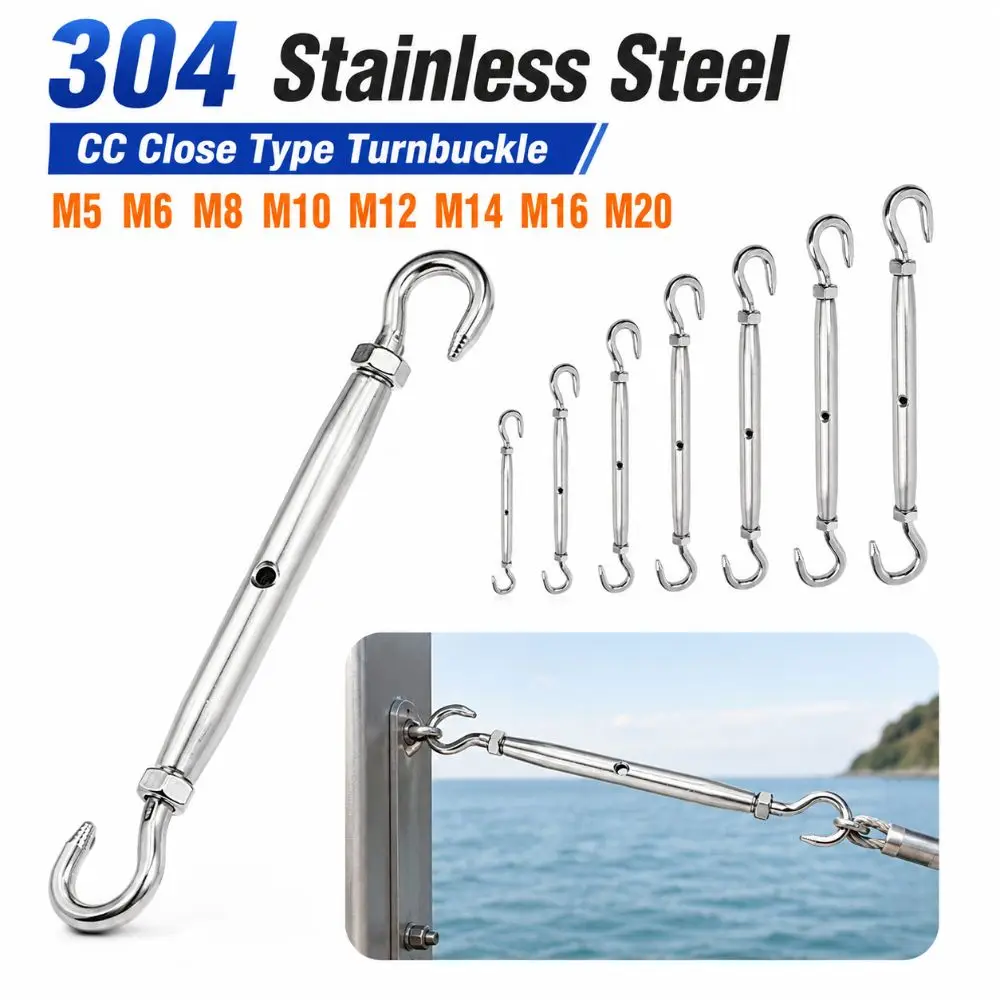 304 Stainless Steel CC Close Type Turnbuckle Adjustable M5 M6 M8 M10 M12 M14 M16 M20 Wire Rope Tensioner Sturdy Rust Proof