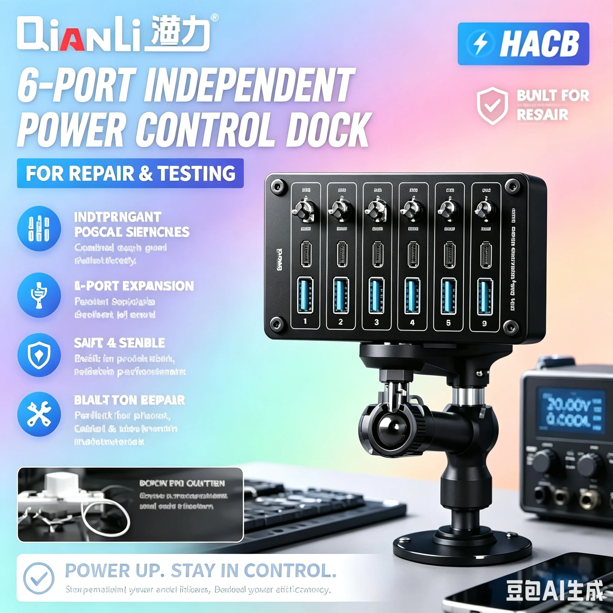 QianLi 6-Channel Independent Switch Power Hub (USB Type-C) – Dedicated Power Dock for Mobile Phone Repair Workstations