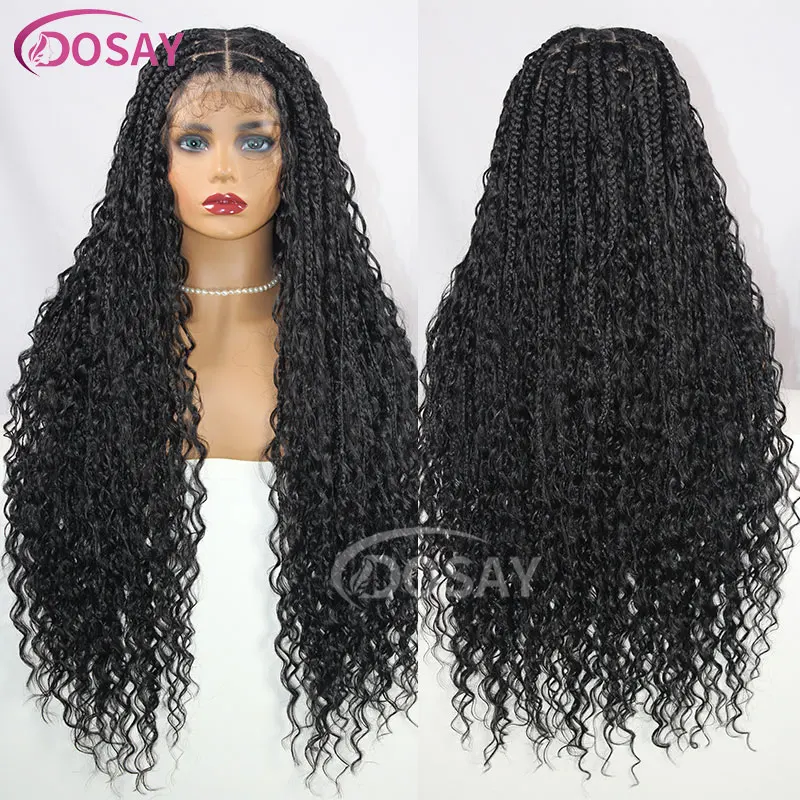 Godesses braids Full Lace Synthetic Braided Wigs Bohemia Boho Box Braid Wig 32 inch Square Knotless Braided Lace Wig With Curly