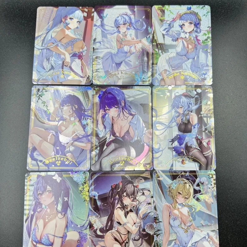 Diy 9 stks/set Genshin Impact Kamisato Ayaka Raiden Shogun Zelfgemaakte Kleurrijke Flash Card Game Collectie Schilderen Kaart Speelgoed gift