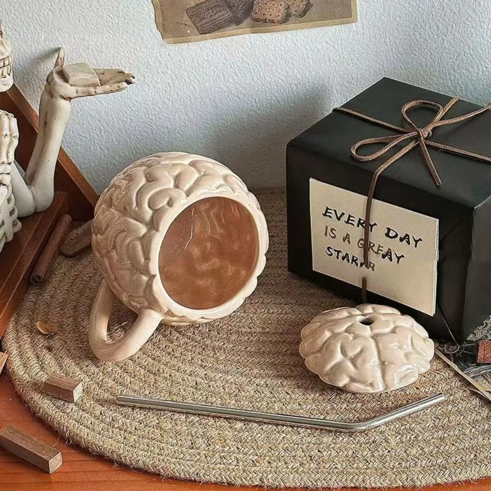 

Funny Brain Mug With Straw Ceramic Coffee Mug With Handle And Lid 450ml Water Cup Halloween Gift