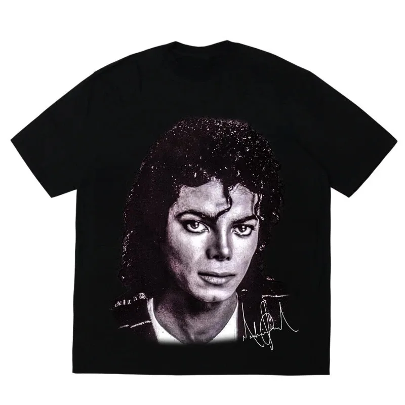Michael Jackson Portrait & Gold Signature T-Shirt Übergroßes Y2k Baumwoll-Grafik-T-Shirt für Männer und Frauen Streetwear Top Damen- und Herrenbekleidung