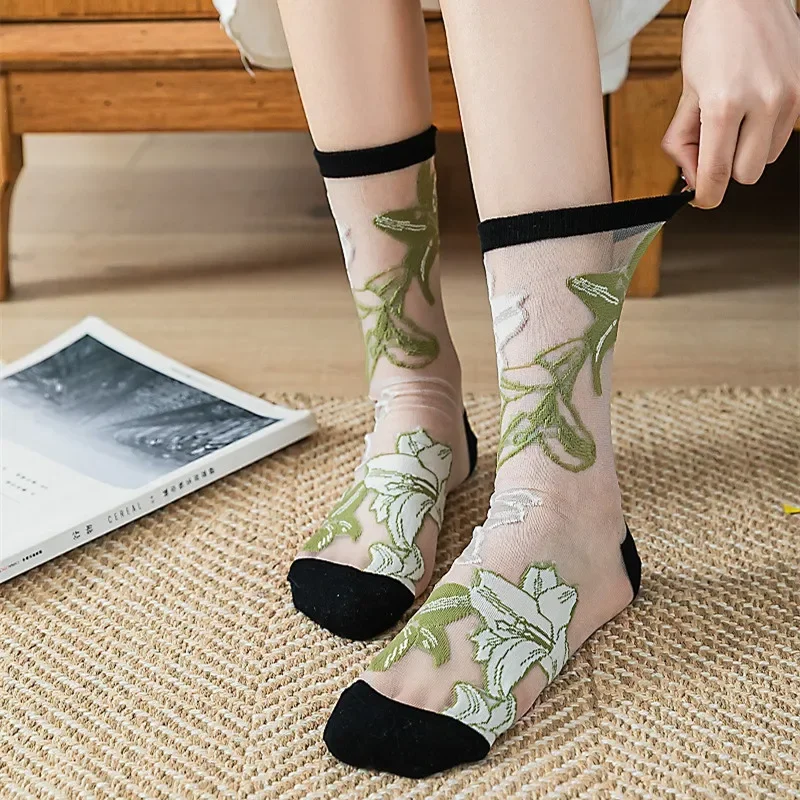 Summer Ultra-thin Crystal Silk Socks Floral Embroidery Harajuku Retro Elastic Long Socks Mesh Fishnet Transparent Lace Socks Sox