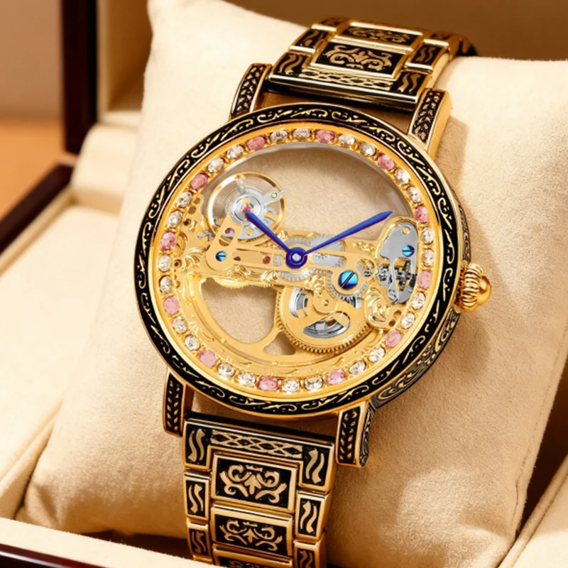 

A women's black and yellow vintage-style skeleton mechanical watch with finely carved pink diamonds