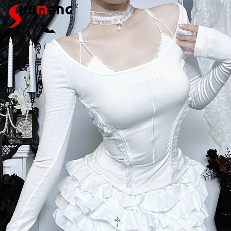 

Japanese Halloween Outfit Subculture White Long Sleeves Top T-shirts 2025 Autumn Slimming Tshirts Y2k Pullover Women's Clothing