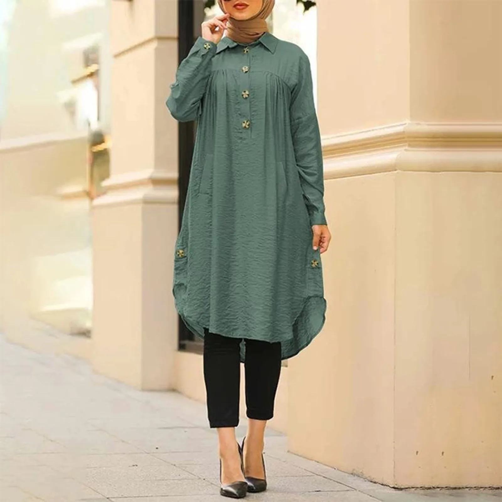 2024 Summer Muslim Solid Blouse For Women Simple Cotton Linen Long Shirt Saudi Arabia Islam Femme Tops Lady A-Line Shirt Dresses