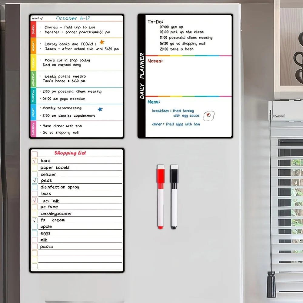 3pcs Magnetic Dry Erase Calendar Set - 6.5x8.5 Weekly, Daily, List Boards Fridge - 2 Markers Included - Flat in Box
