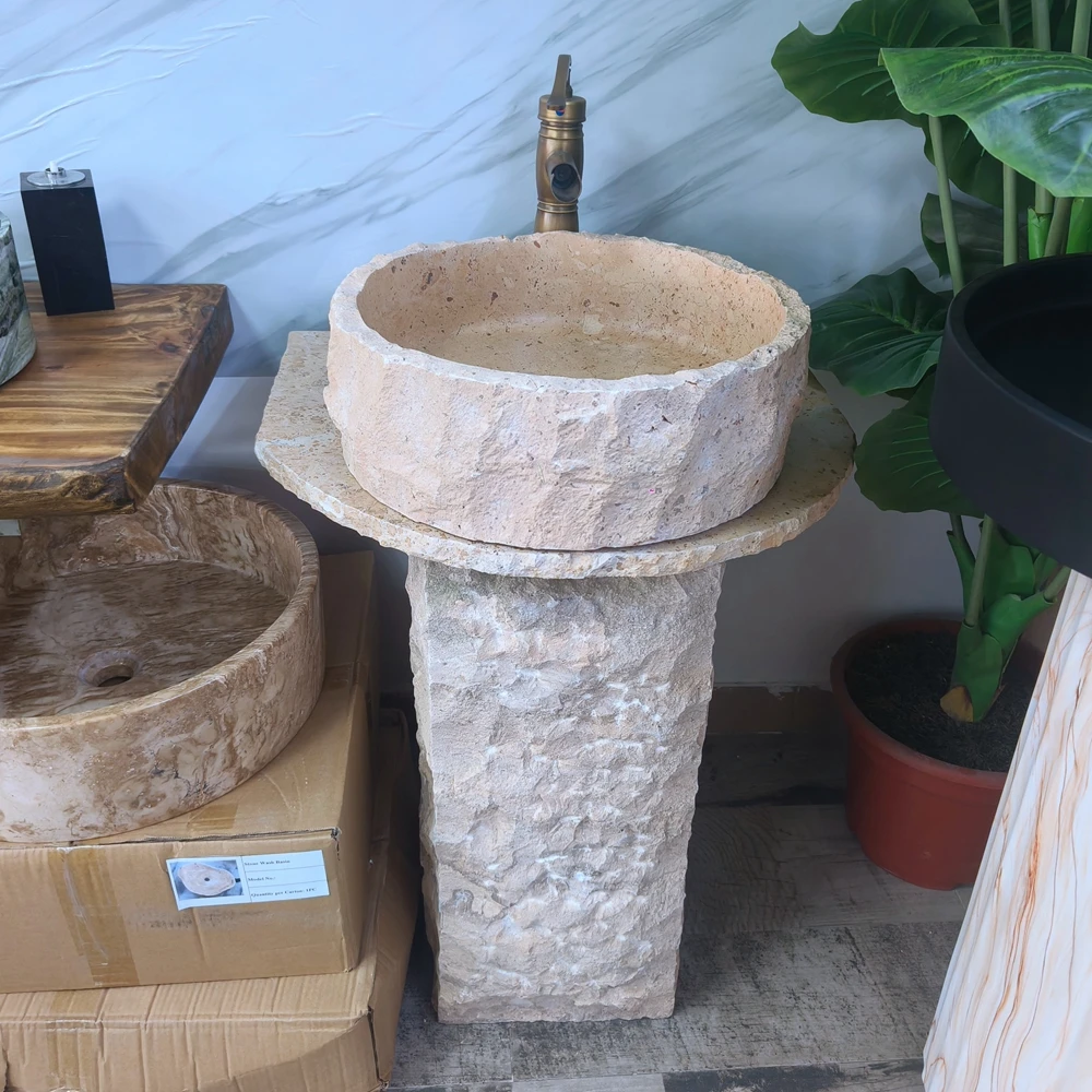 S*& Factory High Quality Practical Yellow Natural Stone Wash Basin Bathroom Floor Standing Wash Basin Marble Pedestal Sink