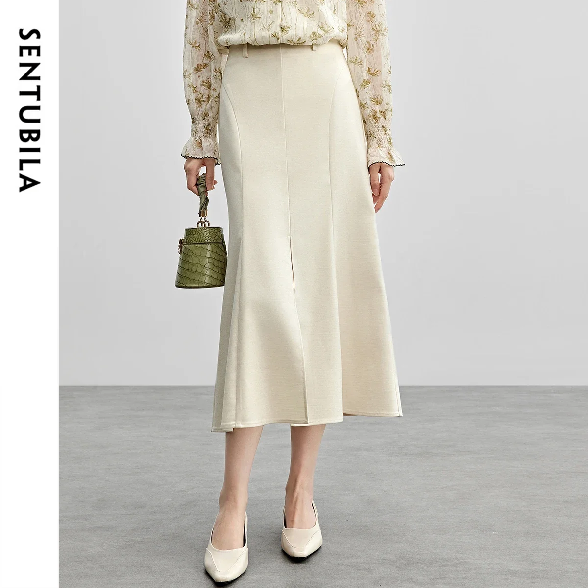 

SENTUBILA Mermaid Skirts For Women's 2025 Spring New Elegant Midi High-waist Slit-hem Twill Office Lady Long Skirt 151Q57318