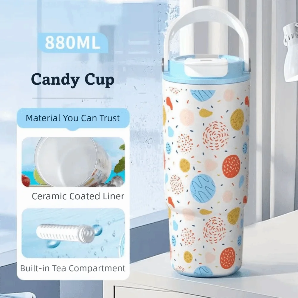 

New 880ml Thermal Cup Large Capacity with Handle Vacuum Cup Ocean Pattern Leakproof Coffee Cup Travel