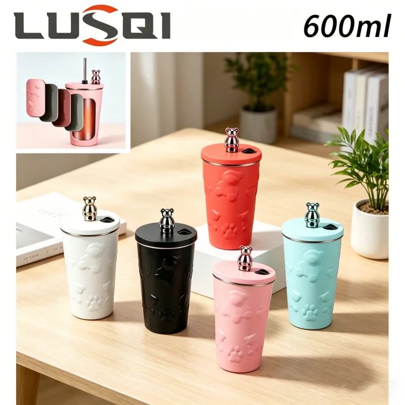 LUSQI Stainless Steel Insulated Cup 1/2Pcs Cartoon Plating Bear Straw Cup Portable Travel Coffee Tea Mug Car Cup