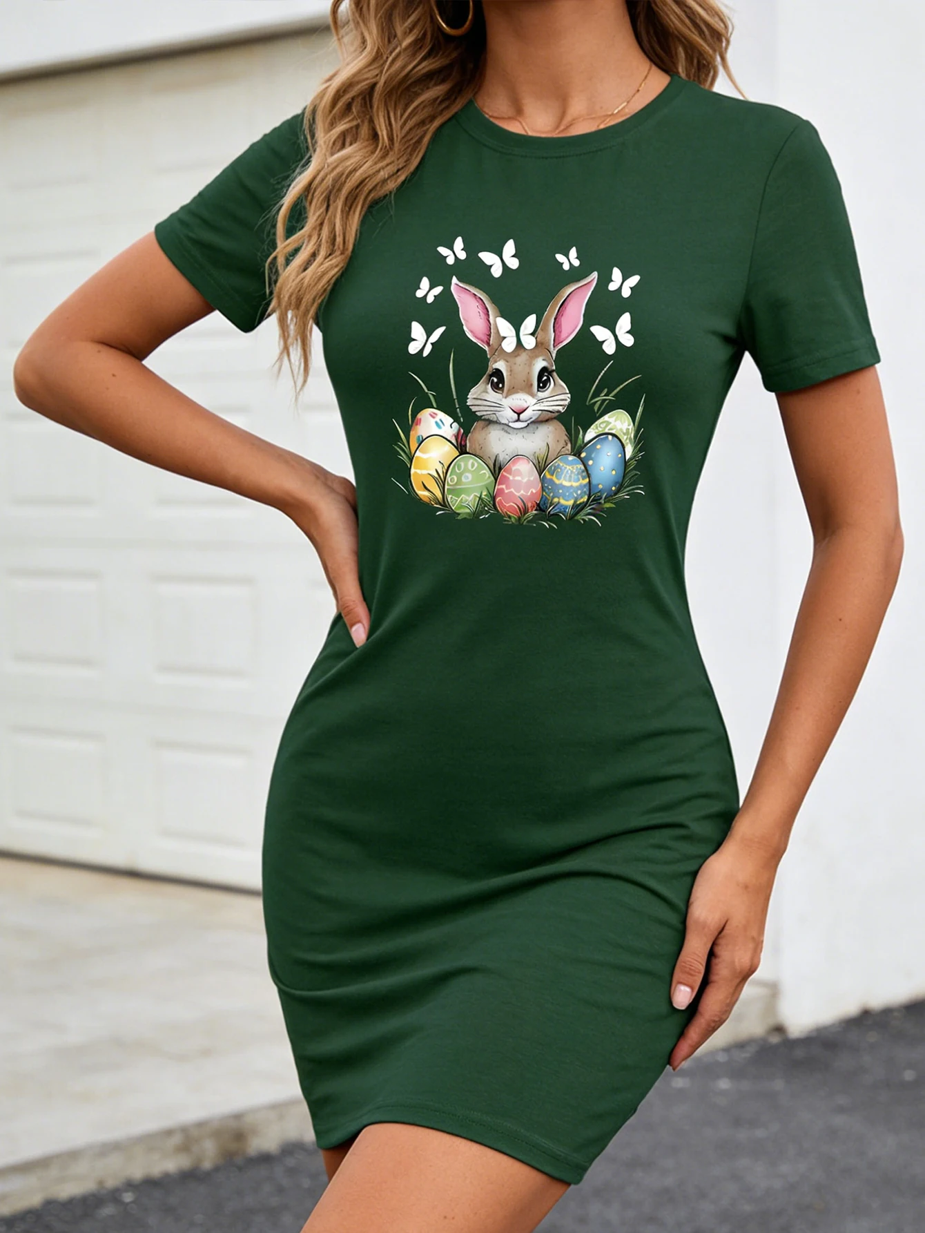 Women's Casual Rabbit Easter Print Pattern, Comfortable Dress, Elastic Fabric, Machine Washable