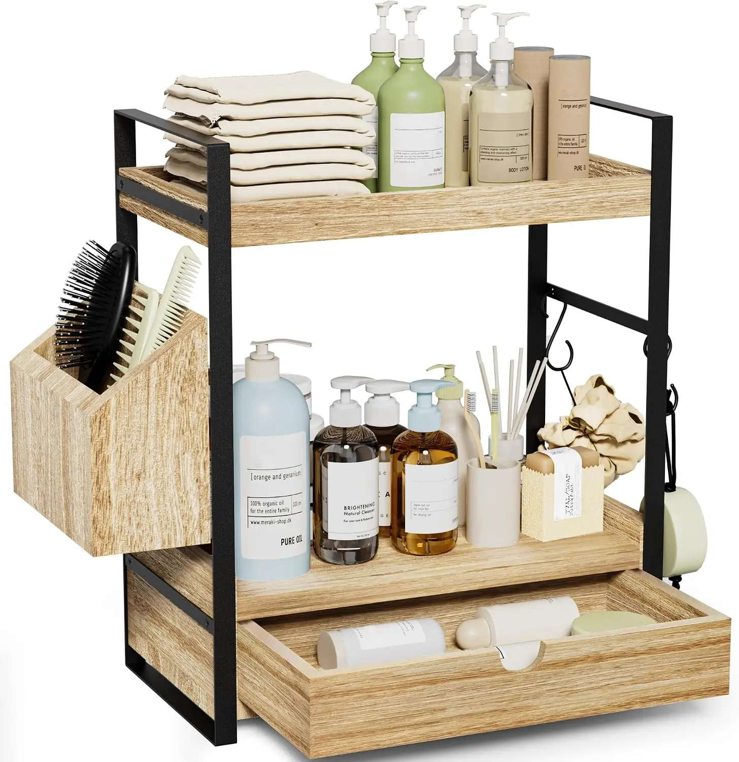 2-Tier Wooden Bathroom Counter Organizer with Drawer & Basket – Perfect Vanity & Desk Storage Shelf