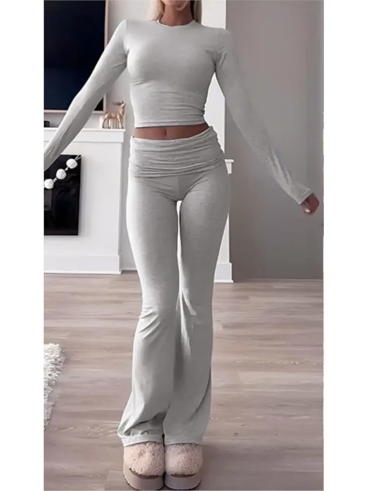 

Женский повседневный однотонный тонкий комплект, модные топы с круглым вырезом и длинными рукавами + брюки с высокой талией, комплекты из двух предметов для женщин, спортивная женская одежда, новинка