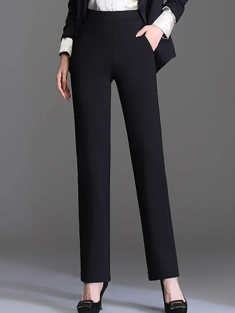 Womens High Waist Side Pockets Slim Straight Full Length Stretch Suit Pants