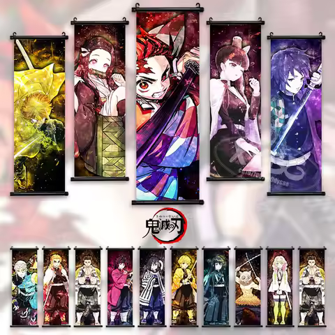 Anime Demon Slayer Poster Kochou Shinobu Home Decor Kanroji Mitsuri Hanging Painting Akaza Wall Art Tomioka Giyuu Scroll Picture