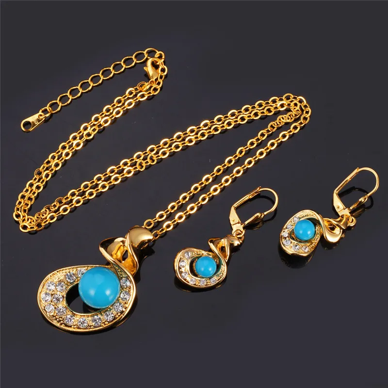 U7 Simulated Pearl Necklace Set Women\'s Gift Trendy Gold Color Blue Syntietic Pearl Necklace Earrings Jewelry Sets S485