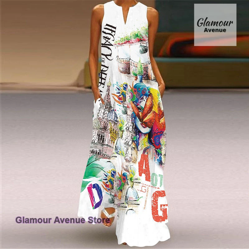 

European fashion women's sexy print popular V-neck long skirt women's summer new temperament sleeveless beach wind dress