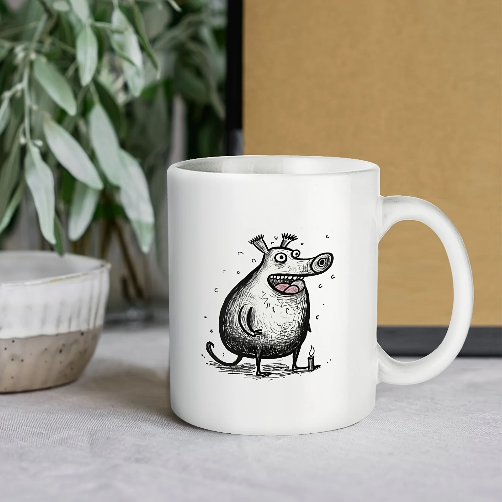 11oz Ceramic Coffee Mug with Black Line Cartoon Animal Illustration, Insulated Reusable Drinkware, Hand Wash Only, Multipurpose