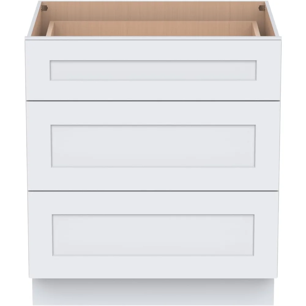 خزانة بأدراج بقاعدة Shaker RTA، 3 أدراج من الخشب الصلب للمطبخ (أبيض، عرض 30 بوصة × عمق 24 بوصة × ارتفاع 34-1/2 بوصة)