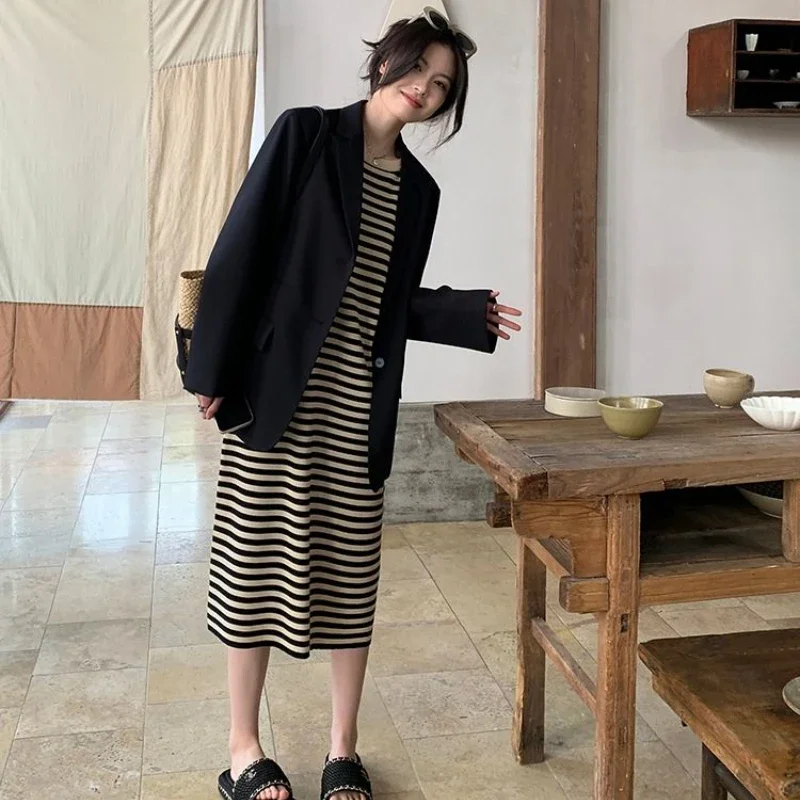 Vestidos básicos a rayas para mujer, Vintage, combina con todo, estilo coreano seductor, informal, tierno, estético, sencillo, encantador, acogedor para uso diario