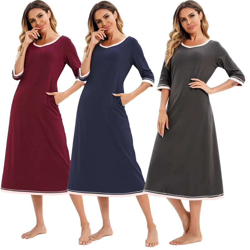 Solid Color Mid Length Nightgown Women's Cotton Quarter Sleeved Sleepwear Loose Casual Home Wear Spring Autumn Long Nightdress