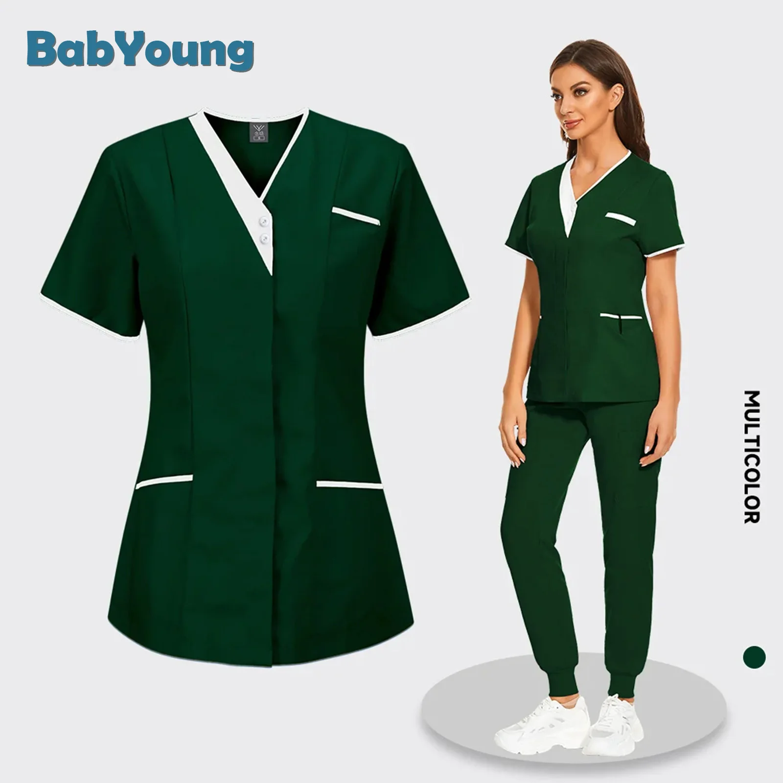 

Pet Hospital Work Uniform Women Female Scrub Tops Solid Color Surgical Gown Pocket V-neck Joggers Blouse Nurse Medical Uniform