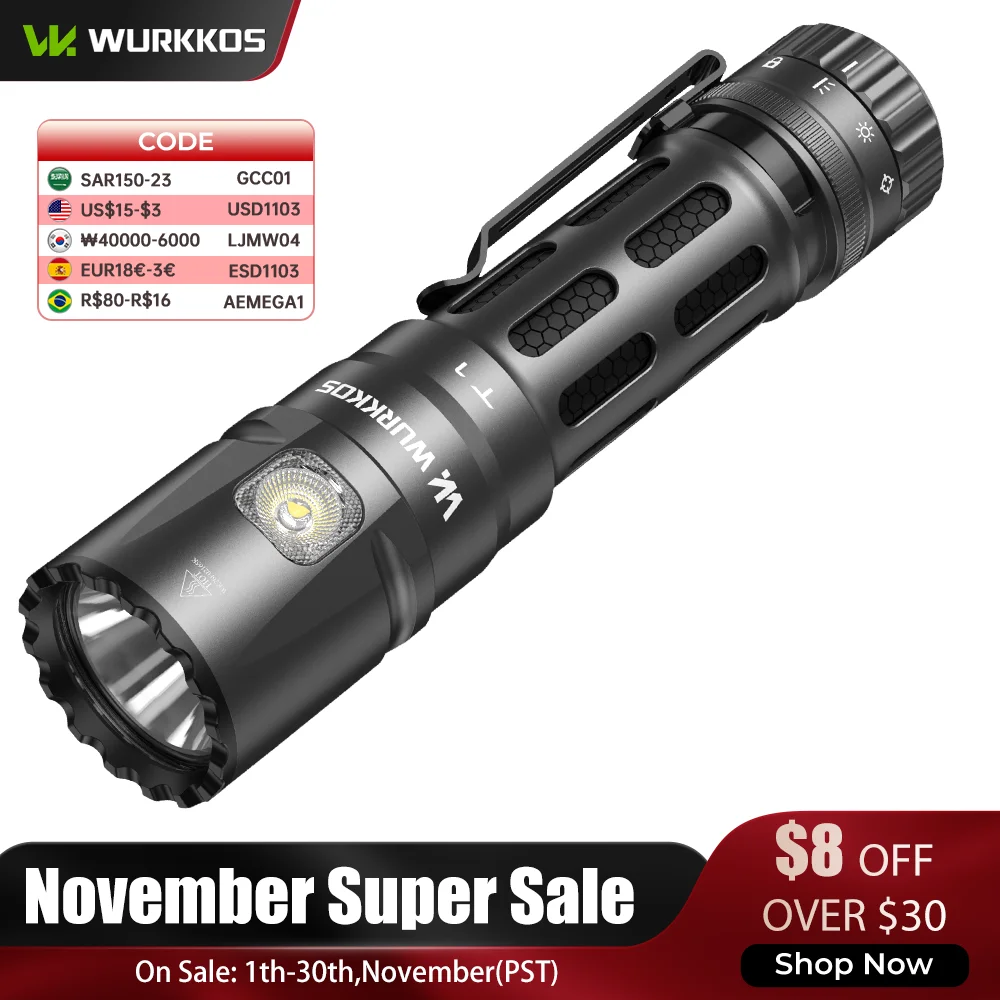 Wurkkos T1 Tactical Flashlight 5500lm 21700 Battery IPX8  4 Lighting Modes with Multi-Color Utility Side Light High-Power LED
