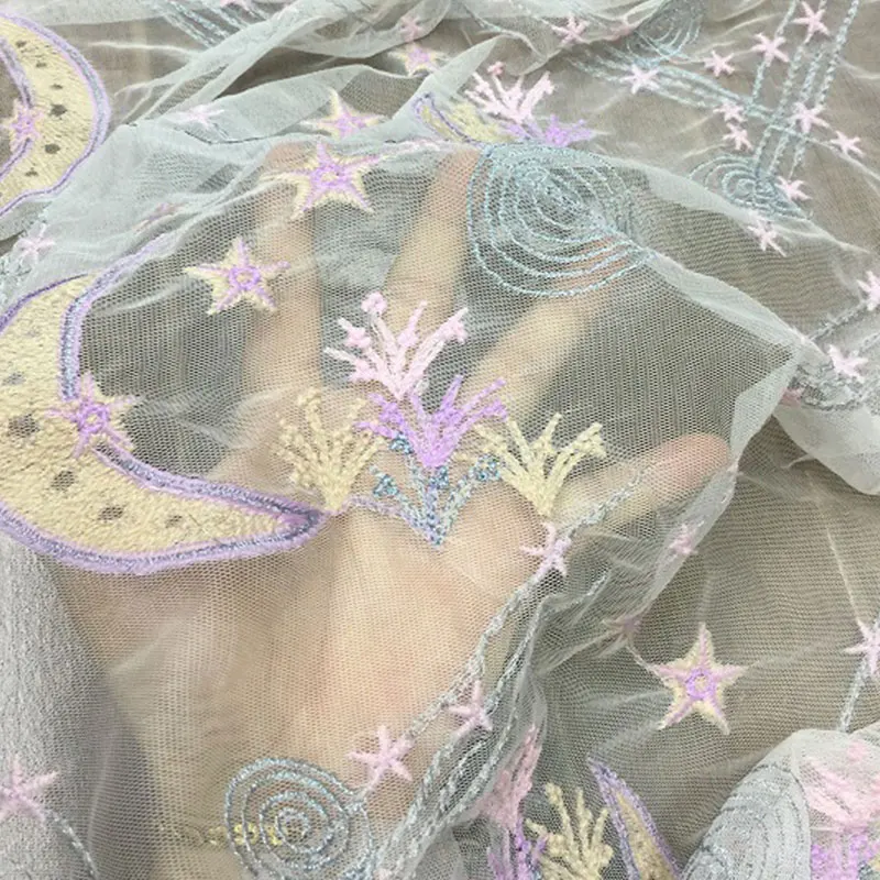 1yard Moon Stars Embroidered Mesh Fabric for DIY Wedding Dress Children's Wear Sewing Star Moon Grass Embroidery Lace Fabric