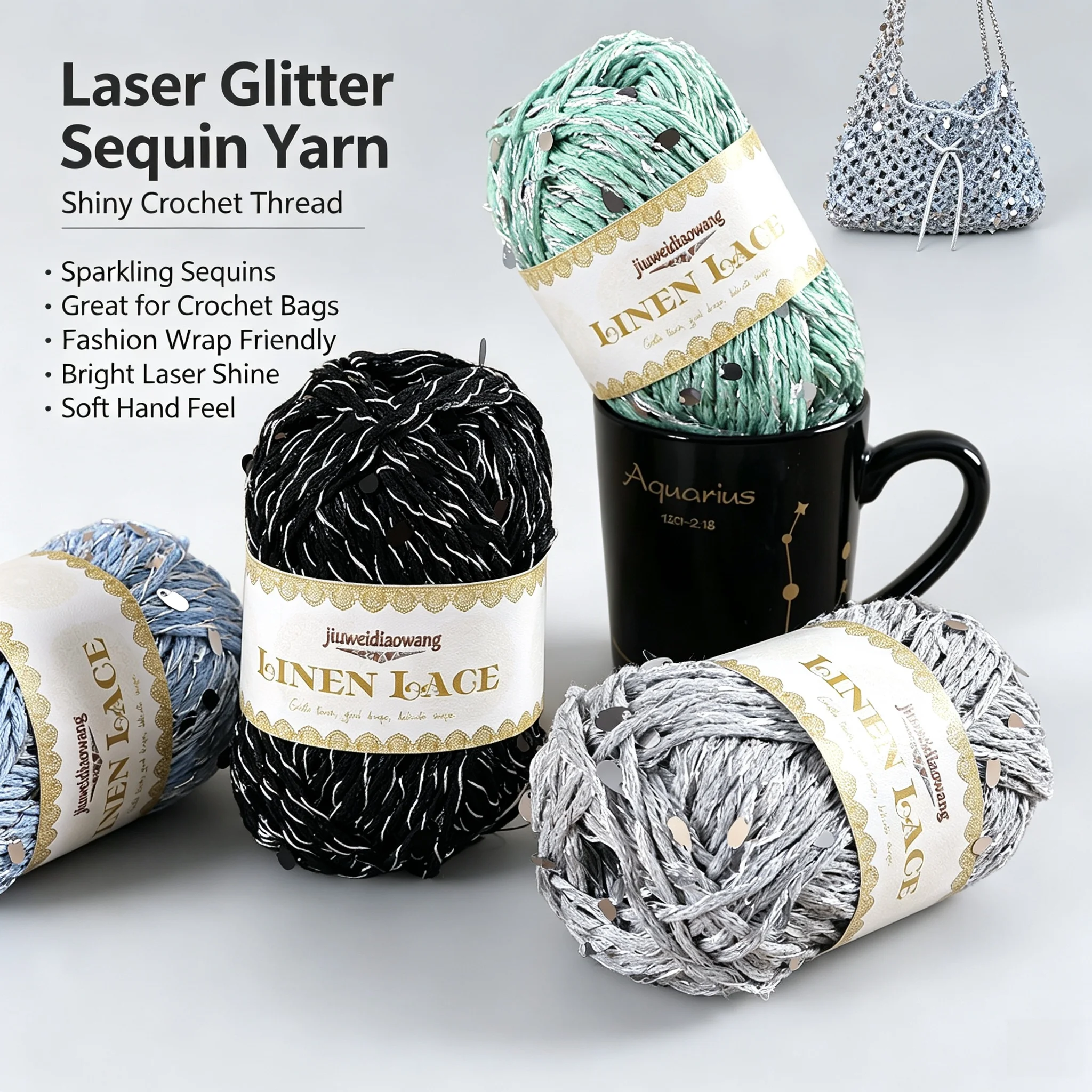 3-Pack of Sequin Yarn, 100g Per Roll, Total 300g, Shiny Sequin Silver Yarn, Fancy Yarn, Fashionable and High-End, Yarn for Knitting Bags, Yarn for Decorations, Preferred Choice for Gifts, Holiday Special Offer