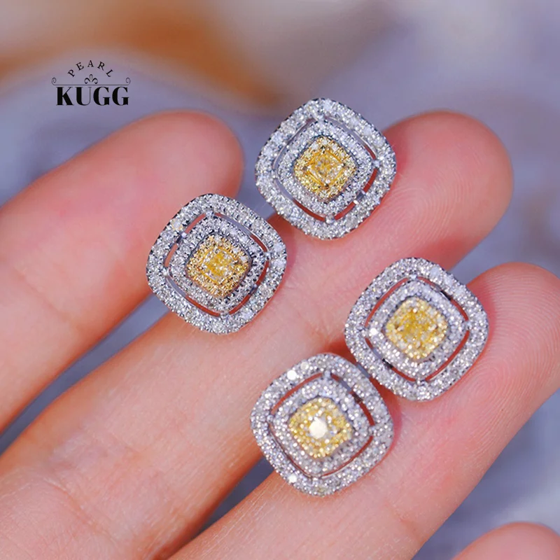 

KUGG 100% 18K White Gold Earrings Fashion Square Design Real Natural Yellow Diamond Stud Earrings for Women High Wedding Jewelry